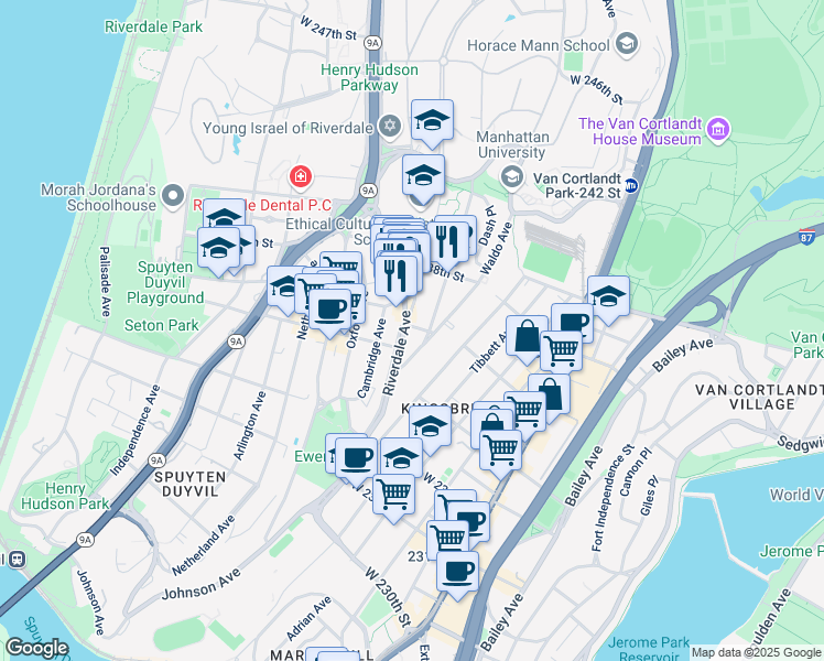 map of restaurants, bars, coffee shops, grocery stores, and more near 3585 Greystone Avenue in Bronx
