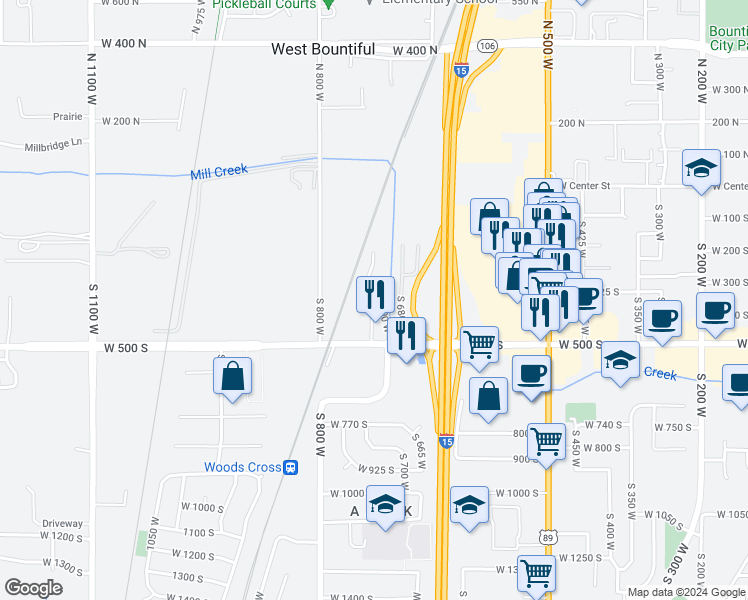 map of restaurants, bars, coffee shops, grocery stores, and more near 400 South 700 West in Woods Cross
