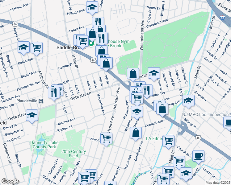 map of restaurants, bars, coffee shops, grocery stores, and more near 575 Harrison Avenue in Garfield