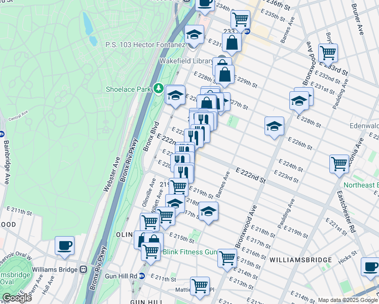 map of restaurants, bars, coffee shops, grocery stores, and more near 684 East 222nd Street in Bronx