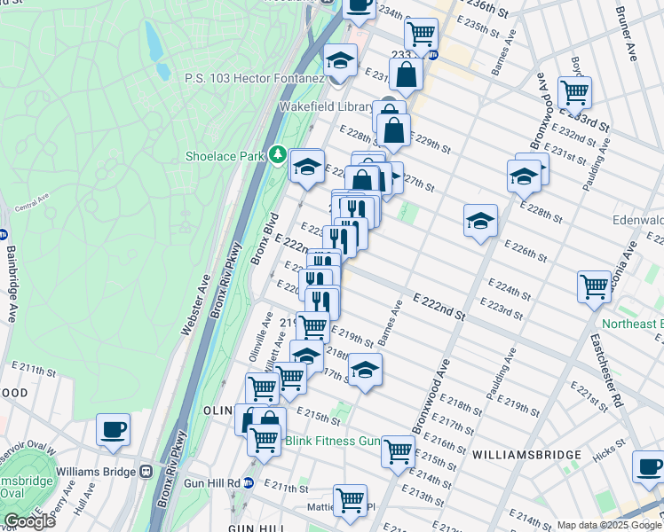 map of restaurants, bars, coffee shops, grocery stores, and more near 684 East 222nd Street in The Bronx