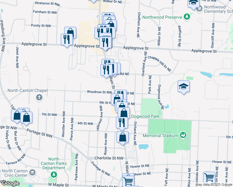 map of restaurants, bars, coffee shops, grocery stores, and more near 932 N Main St in North Canton