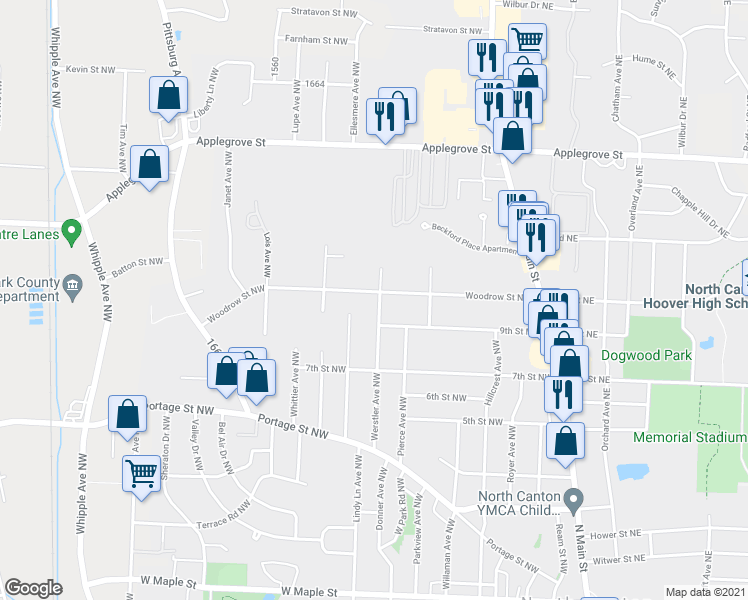 map of restaurants, bars, coffee shops, grocery stores, and more near 804 Woodrow Street Northwest in North Canton