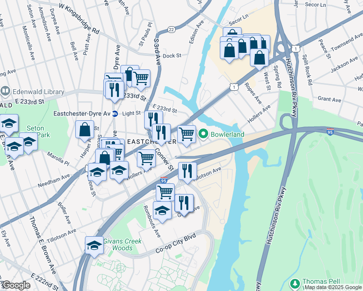 map of restaurants, bars, coffee shops, grocery stores, and more near 3520 Pear Tree Avenue in The Bronx