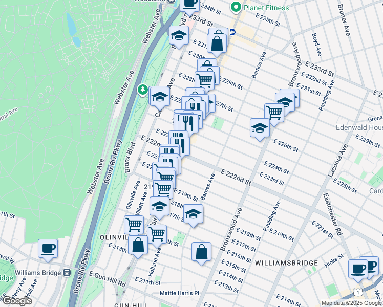 map of restaurants, bars, coffee shops, grocery stores, and more near in The Bronx