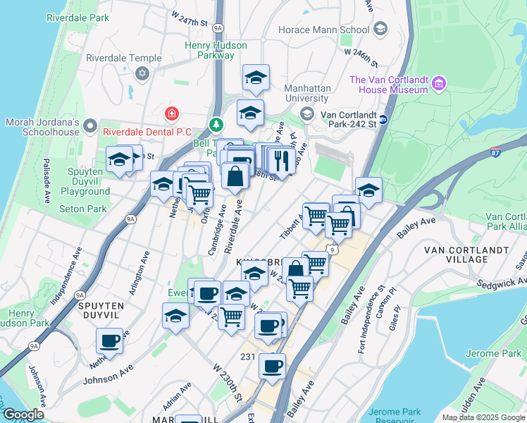 map of restaurants, bars, coffee shops, grocery stores, and more near 409 West 236th Street in Bronx