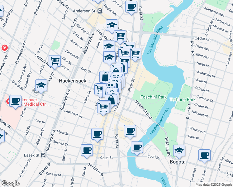 map of restaurants, bars, coffee shops, grocery stores, and more near 7 East Salem Street in Hackensack