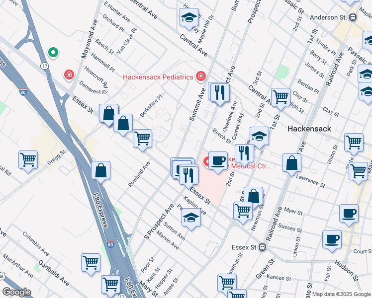 map of restaurants, bars, coffee shops, grocery stores, and more near 33-65 Prospect Avenue in Hackensack