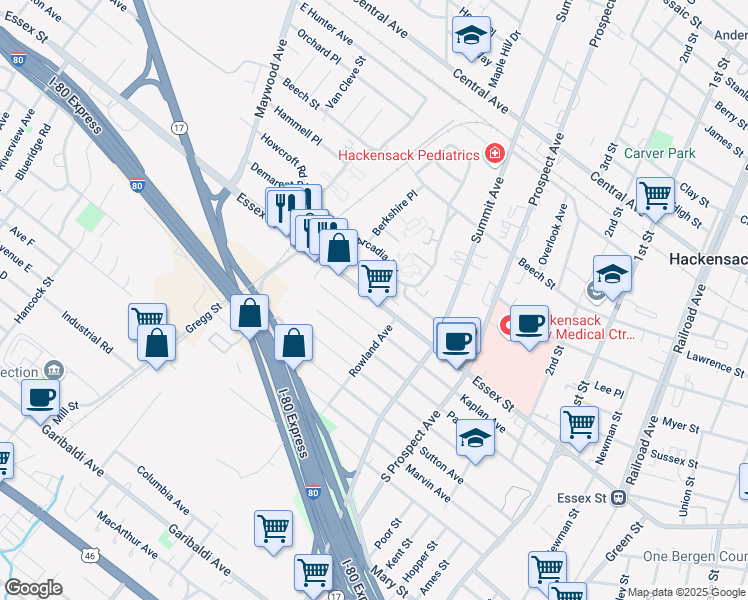 map of restaurants, bars, coffee shops, grocery stores, and more near 460 Kaplan Avenue in Hackensack