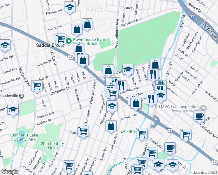 map of restaurants, bars, coffee shops, grocery stores, and more near 46 Sherman Avenue in Lodi