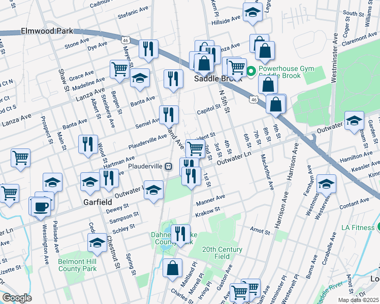 map of restaurants, bars, coffee shops, grocery stores, and more near in Saddle Brook