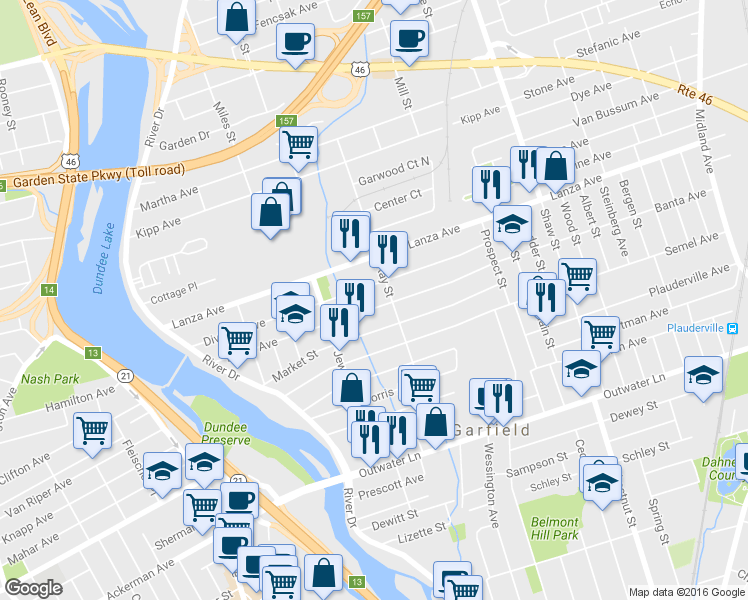 map of restaurants, bars, coffee shops, grocery stores, and more near 148 Banta Avenue in Garfield