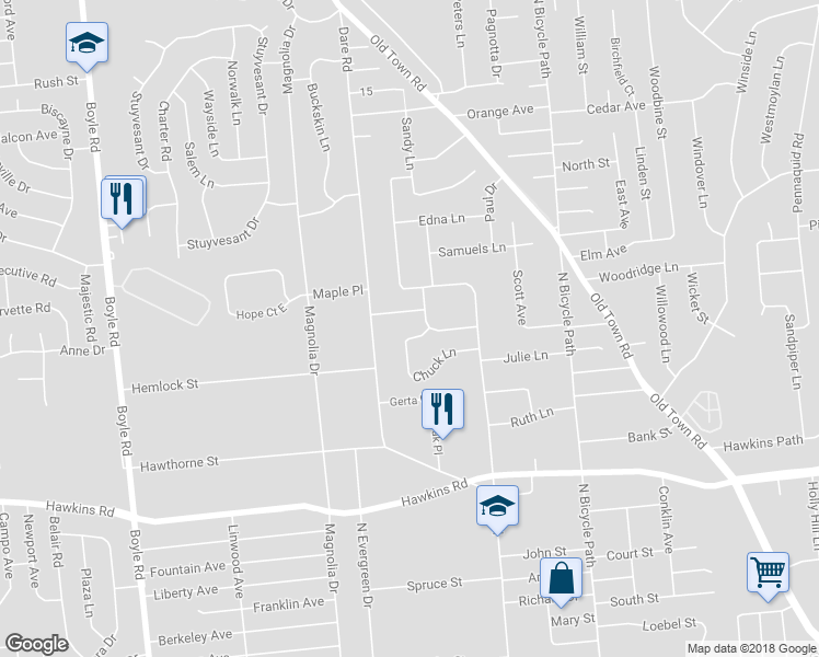 map of restaurants, bars, coffee shops, grocery stores, and more near 29 Chuck Lane in Selden