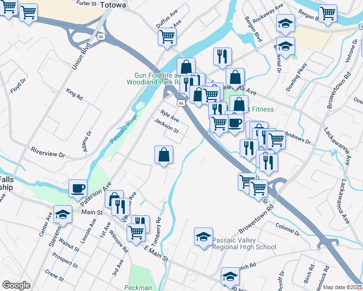 map of restaurants, bars, coffee shops, grocery stores, and more near 41 Cedar Street in Little Falls