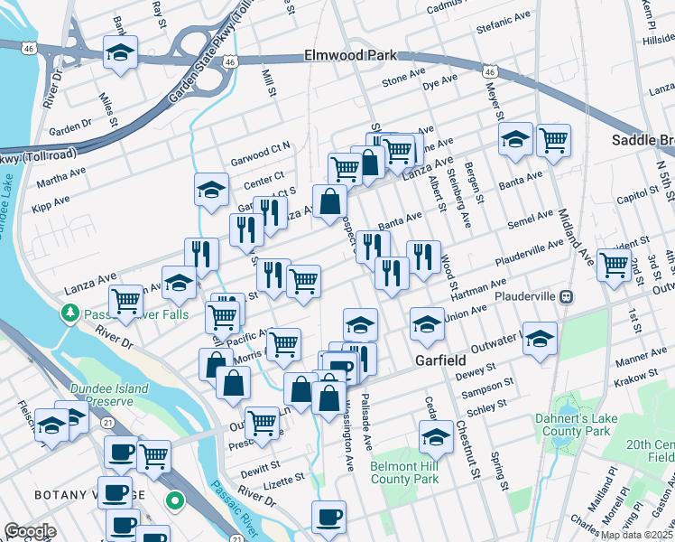 map of restaurants, bars, coffee shops, grocery stores, and more near 210 Market Street in Garfield