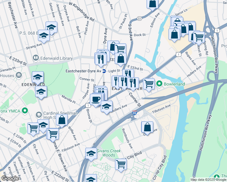 map of restaurants, bars, coffee shops, grocery stores, and more near 3630 Rombouts Avenue in The Bronx