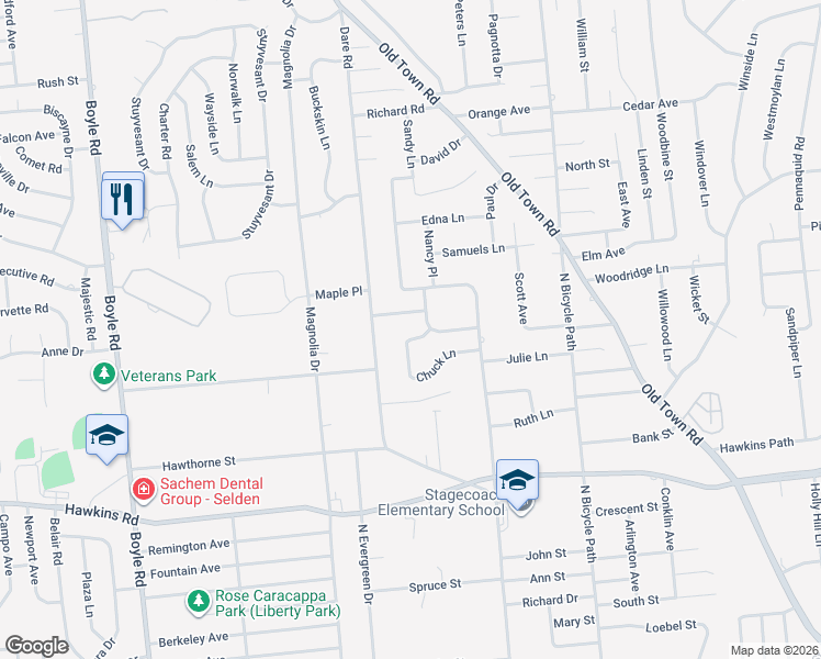 map of restaurants, bars, coffee shops, grocery stores, and more near 29 Chuck Lane in Selden