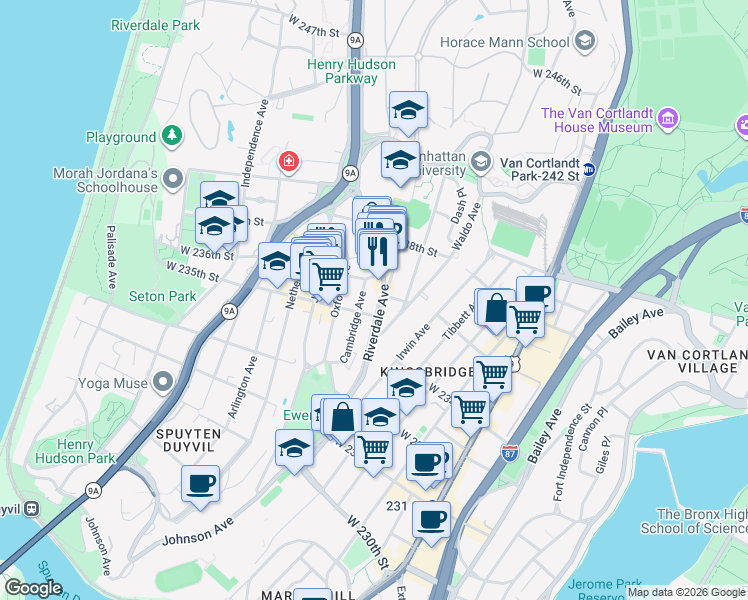 map of restaurants, bars, coffee shops, grocery stores, and more near 3501 Cambridge Avenue in Bronx