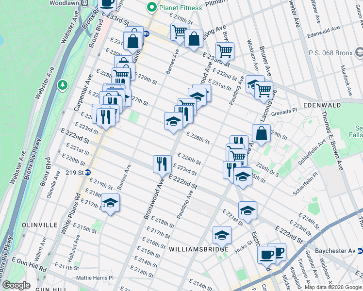 map of restaurants, bars, coffee shops, grocery stores, and more near 920 East 225th Street in Bronx