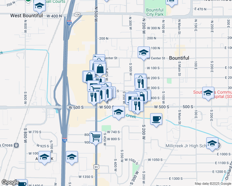 map of restaurants, bars, coffee shops, grocery stores, and more near 371 325 South in Bountiful