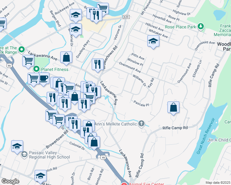 map of restaurants, bars, coffee shops, grocery stores, and more near 367 Lackawanna Avenue in Woodland Park