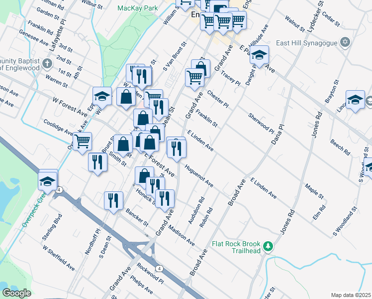 map of restaurants, bars, coffee shops, grocery stores, and more near 225 Grand Avenue in Englewood