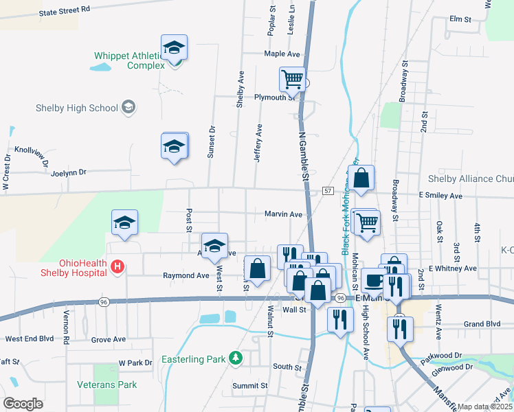 map of restaurants, bars, coffee shops, grocery stores, and more near 41 Marvin Ave in Shelby