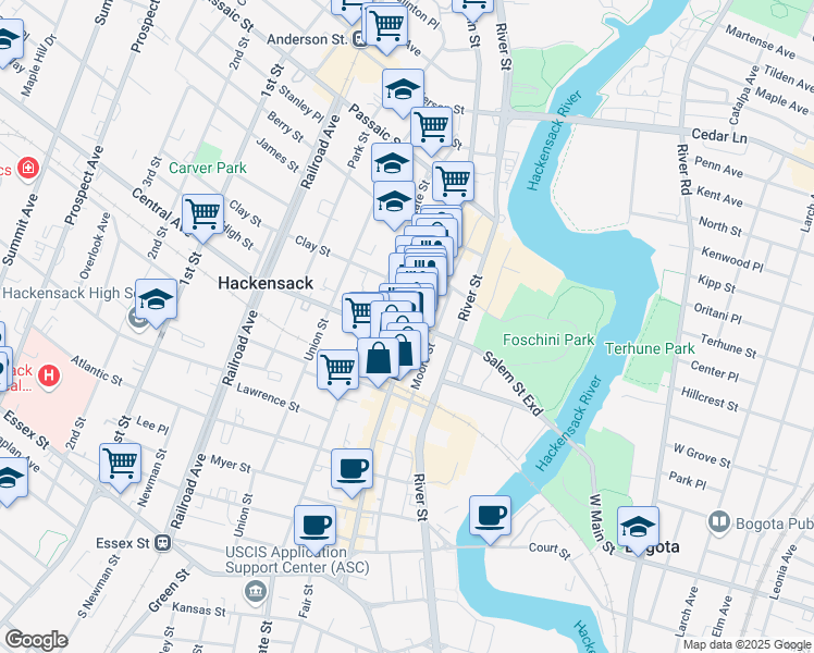 map of restaurants, bars, coffee shops, grocery stores, and more near 7 East Salem Street in Hackensack