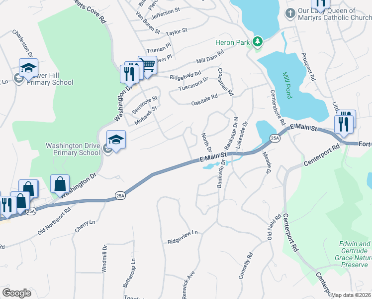 map of restaurants, bars, coffee shops, grocery stores, and more near 87 Lone Oak Drive in Centerport