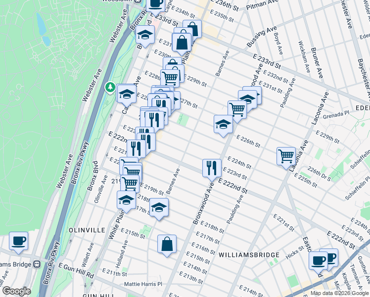 map of restaurants, bars, coffee shops, grocery stores, and more near 772 East 223rd Street in Bronx
