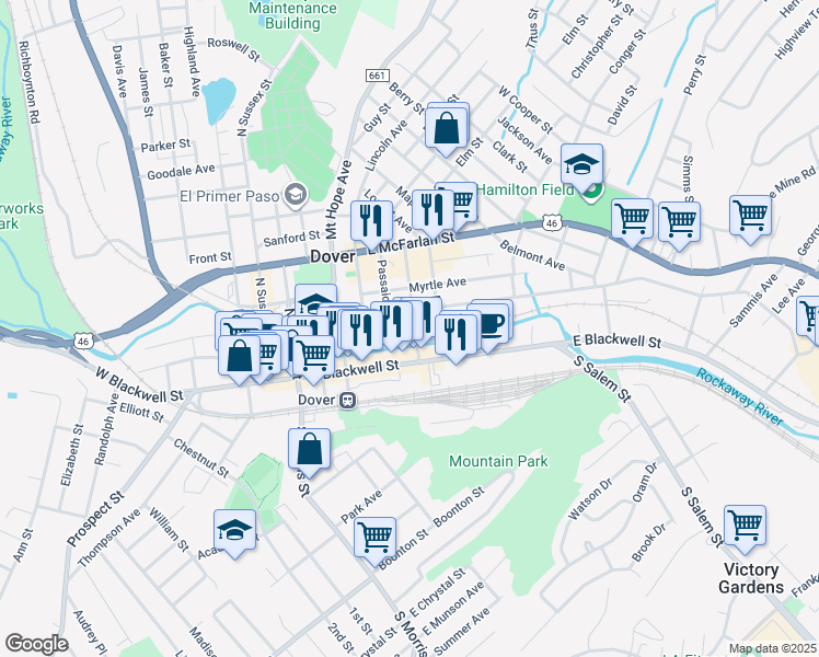map of restaurants, bars, coffee shops, grocery stores, and more near 25 Union Street in Dover