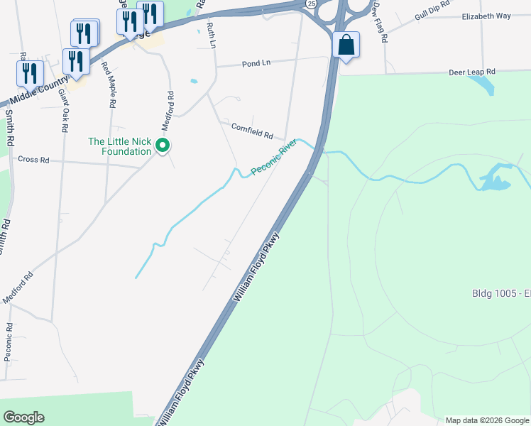 map of restaurants, bars, coffee shops, grocery stores, and more near 1991 William Floyd Parkway in Ridge