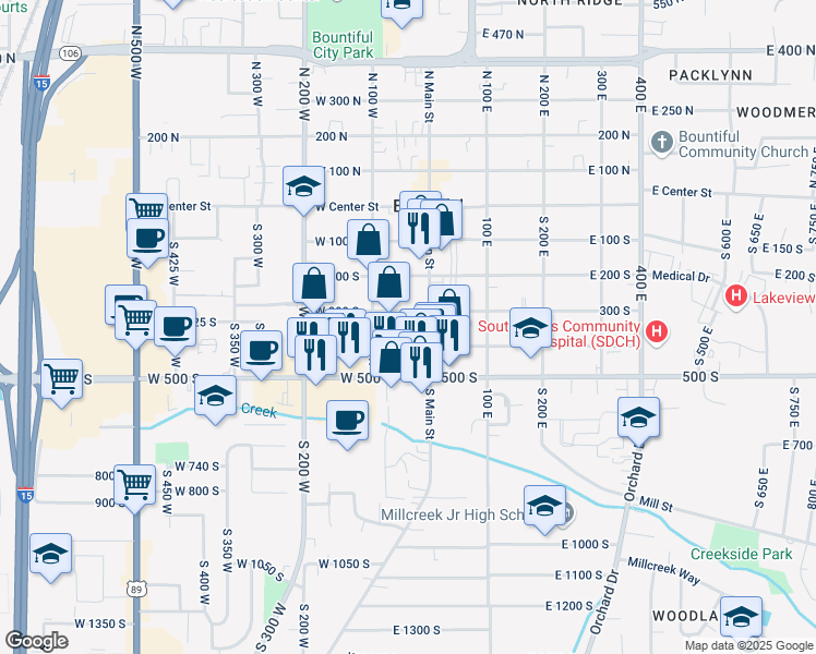 map of restaurants, bars, coffee shops, grocery stores, and more near 46 West 400 South in Bountiful