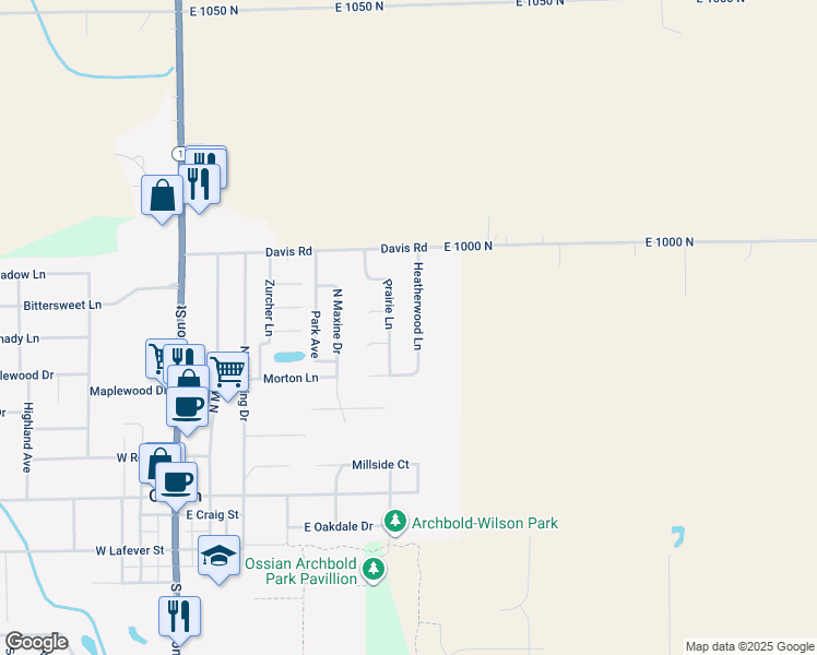 map of restaurants, bars, coffee shops, grocery stores, and more near 709 Heatherwood Ln in Ossian