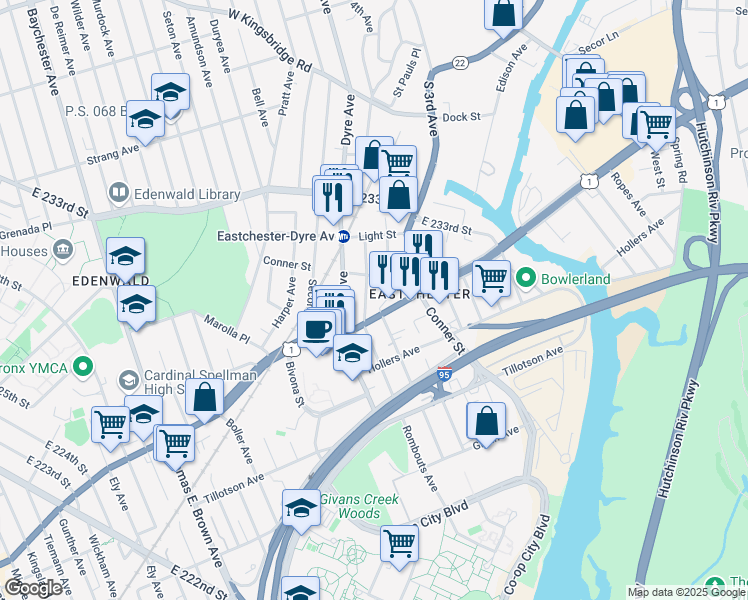 map of restaurants, bars, coffee shops, grocery stores, and more near 3630 Rombouts Avenue in The Bronx