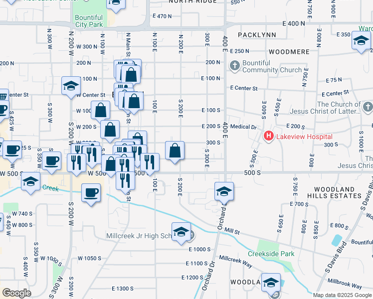 map of restaurants, bars, coffee shops, grocery stores, and more near 373 South 200 East in Bountiful