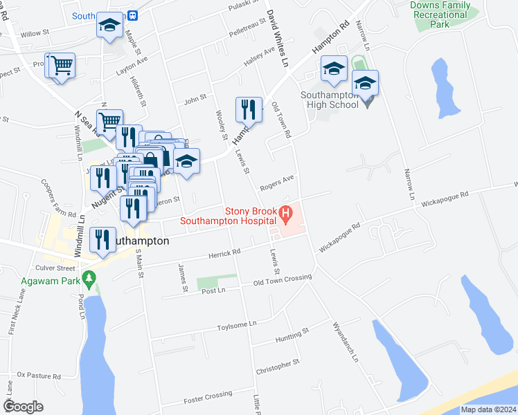 map of restaurants, bars, coffee shops, grocery stores, and more near 193 Meeting House Lane in Southampton