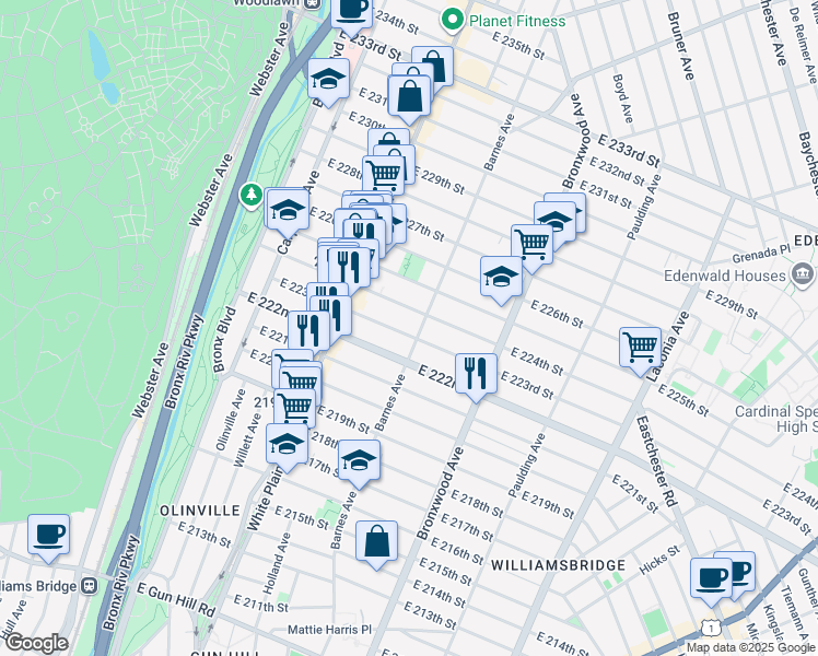 map of restaurants, bars, coffee shops, grocery stores, and more near 772 East 223rd Street in Bronx