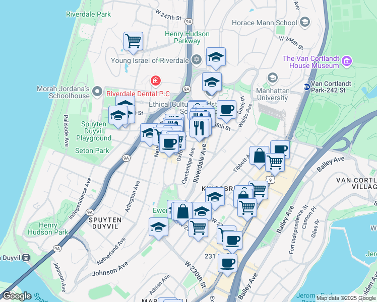 map of restaurants, bars, coffee shops, grocery stores, and more near 3501 Cambridge Avenue in Bronx