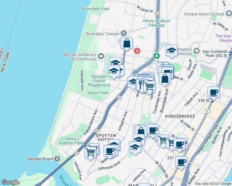map of restaurants, bars, coffee shops, grocery stores, and more near 3333 Henry Hudson Parkway in Bronx