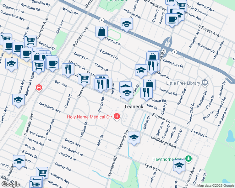 map of restaurants, bars, coffee shops, grocery stores, and more near 121 Cedar Lane in Teaneck