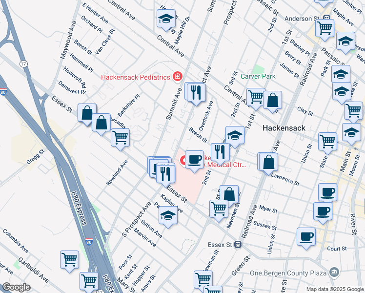 map of restaurants, bars, coffee shops, grocery stores, and more near 316 Atlantic Street in Hackensack
