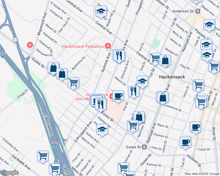 map of restaurants, bars, coffee shops, grocery stores, and more near 316 Atlantic Street in Hackensack