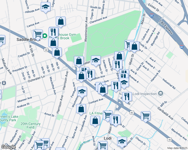 map of restaurants, bars, coffee shops, grocery stores, and more near 61 Hamilton Avenue in Lodi