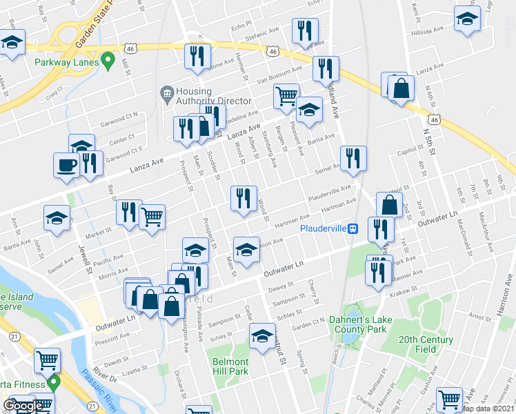map of restaurants, bars, coffee shops, grocery stores, and more near 59 Plauderville Avenue in Garfield
