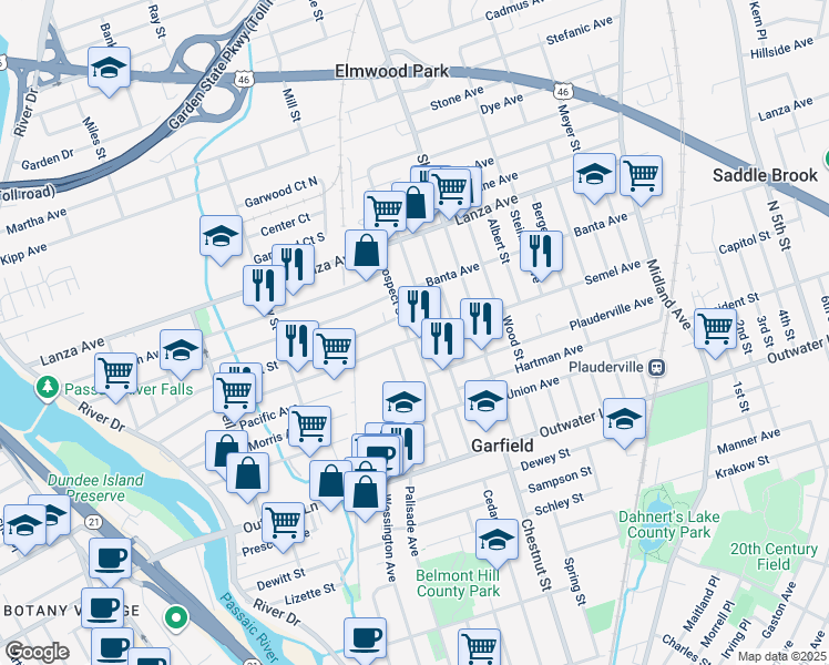 map of restaurants, bars, coffee shops, grocery stores, and more near 224 Semel Avenue in Garfield