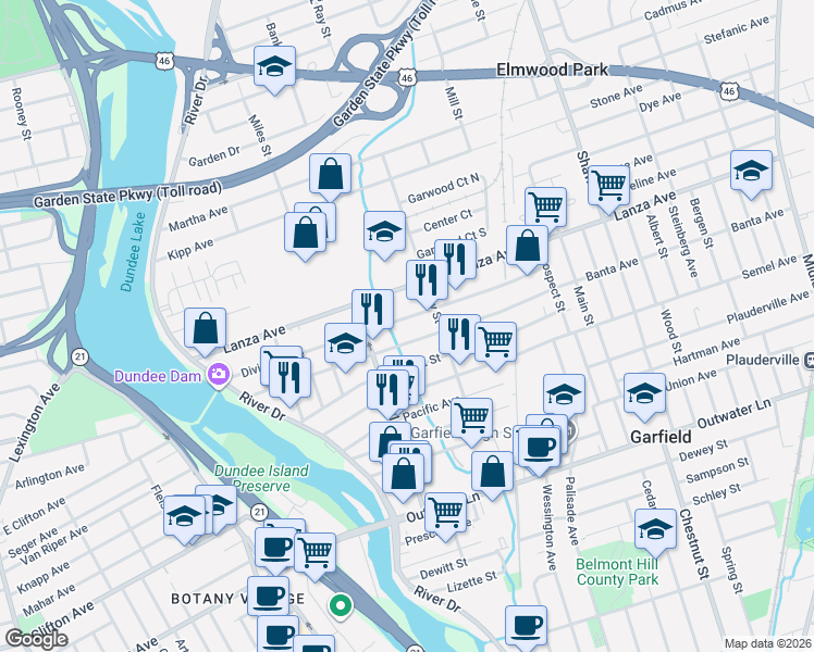 map of restaurants, bars, coffee shops, grocery stores, and more near 146 Division Avenue in Garfield