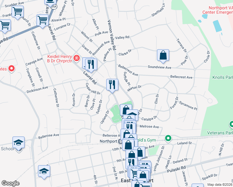 map of restaurants, bars, coffee shops, grocery stores, and more near 174 Laurel Road in East Northport