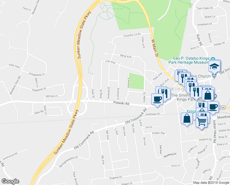 map of restaurants, bars, coffee shops, grocery stores, and more near 28 Avenue A in Kings Park