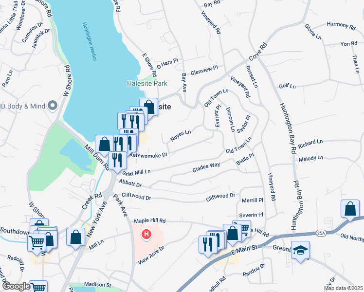 map of restaurants, bars, coffee shops, grocery stores, and more near 62 Ketewomoke Drive in Halesite